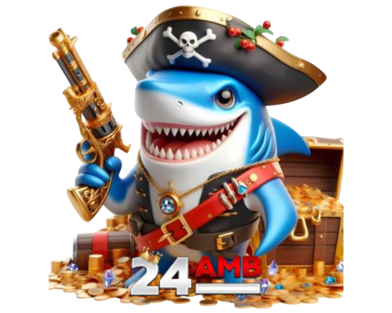 24AMB ภาพฉลามโจรสลัดถือปืนทองยืนบนกองเหรียญทอง พร้อมโลโก้เด่นกลางภาพ สไตล์สล็อตคาสิโนออนไลน์แนวผจญภัย